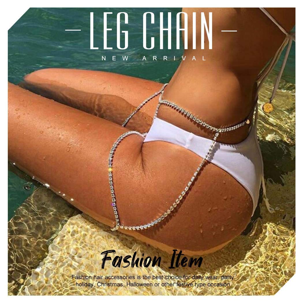 Reetan Boho Crystal Leg Chains Rhinestone Body Chain Rave Party Thigh Chain Body Jewelry Accessories for Women and Girls（B-Silver）