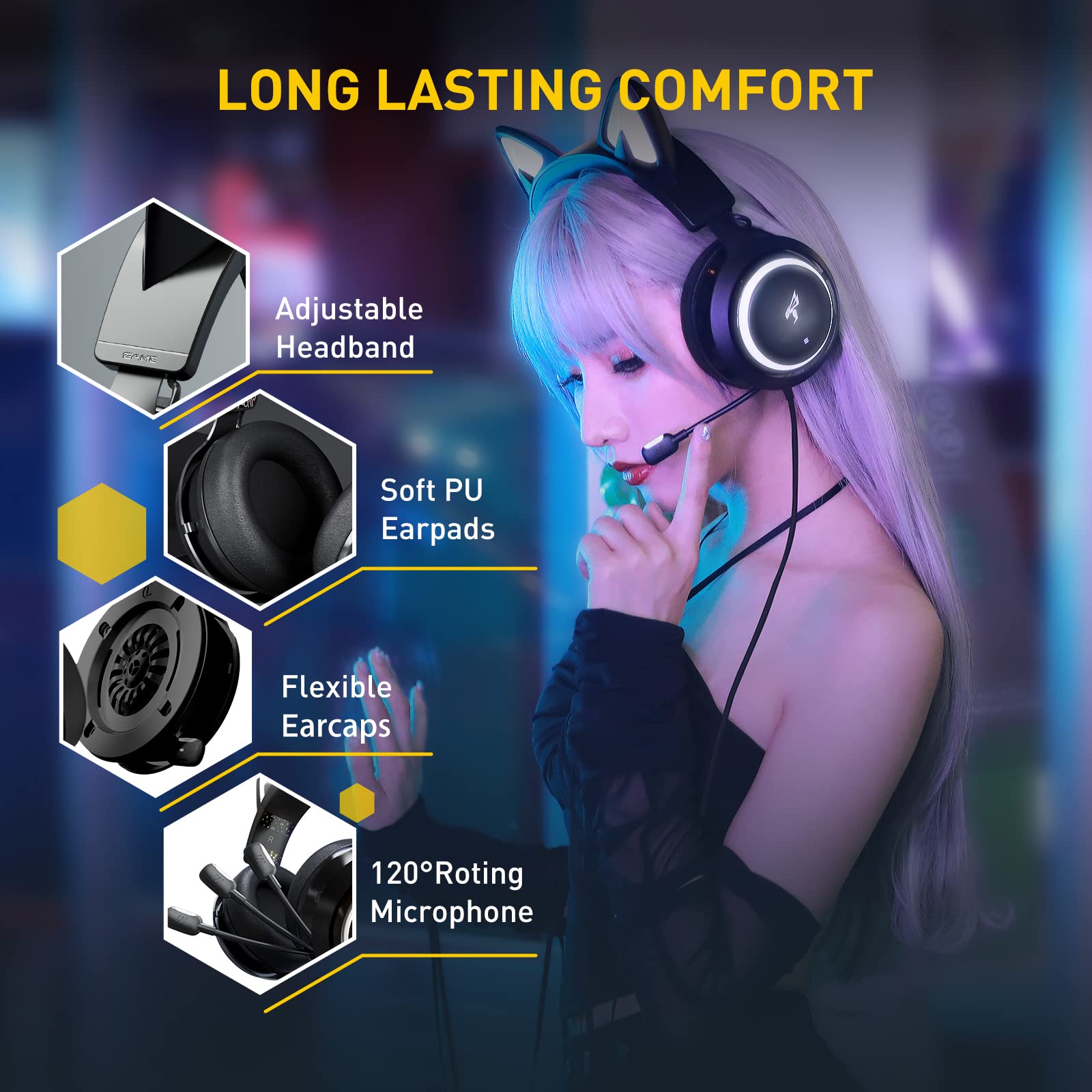 SOMIC GS510 Gaming Headset, Cat Ear Headset PC Gaming Headphones with Retractable Mic Noise Cancelling, Stereo Sound, DIY Face Covers for PC, PS4, PS5,Xbox One(Only White LED Light)