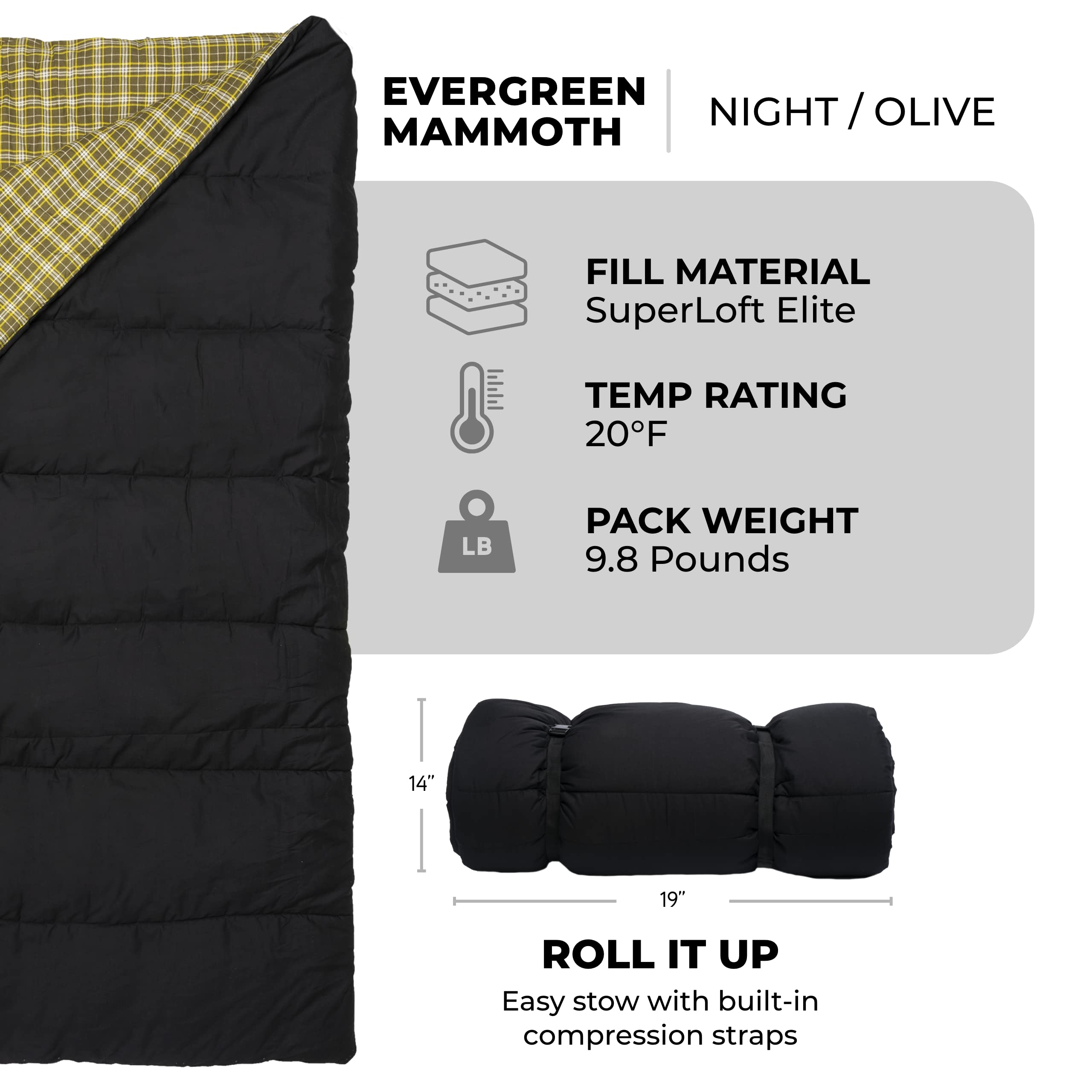 TETON Sports Evergreen Queen Size Sleeping Bag- Double Sleeping Bag – A Warm Bag The whole family can enjoy – Great Sleeping Bag for Camping, Hunting and base camp.