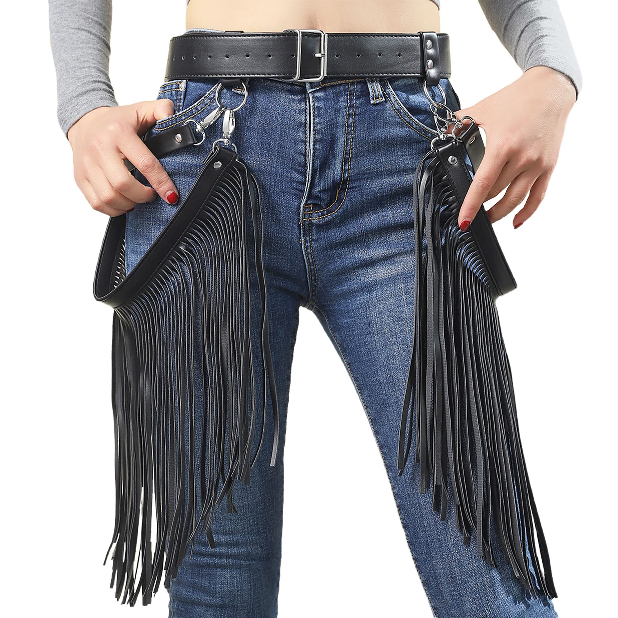 Ayliss Women Punk Waist Belt Long Tassel Fringe Fashion Dress Belt PU Leather Gothic Waistband Adjustable Rock Jeans Belts (Black)