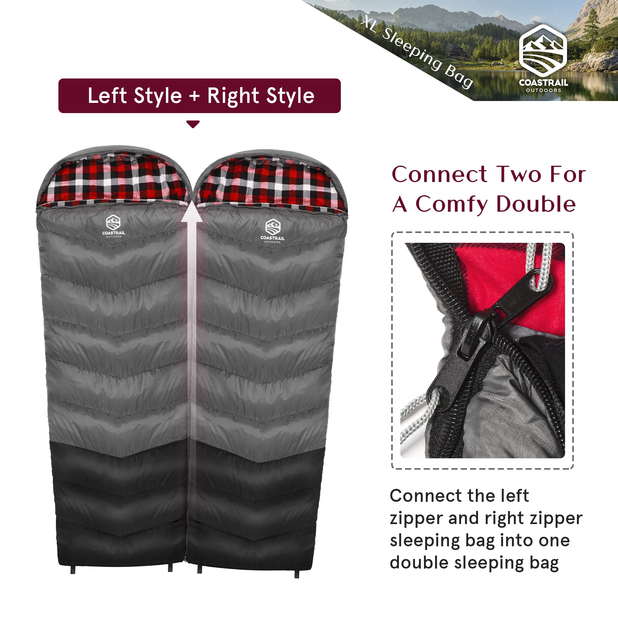 Coastrail Outdoor Sleeping Bag for Adults, 20F Degree XL Three-Zone Thickened Design Warm and Comfortable for Camping 3-4 Seasons Cold Weather with Compression Sack, Black&Grey