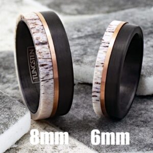 Exquisite 8mm Brushed Finish Black Tungsten Carbide Flat Band Ring with Rose Gold Stripe and Raw Speckled White Deer Antler Inlay. (Tungsten (8mm), 10)