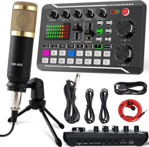 podcast equipment bundle, sinwe condenser microphone with tripod stand and professional audio mixer for studio recording vocals, voice overs, streaming broadcast and youtube videos