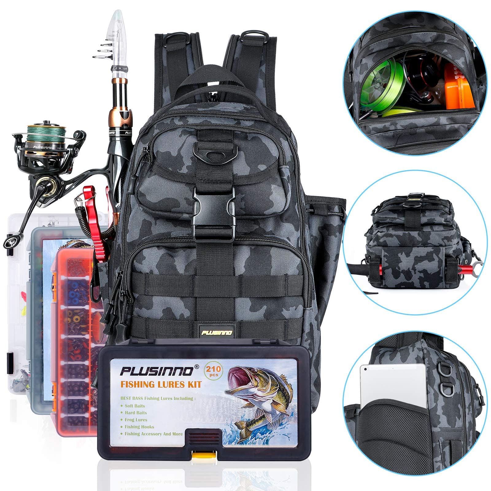 PLUSINNO Fishing Rod and Reel Combos and Fishing Tackle Backpack Storage Bag,Carbon Fiber Telescopic Fishing Rod with Reel Combo,Fishing Gear Bag,Water-Resistant Fishing Backpack with Rod Holder