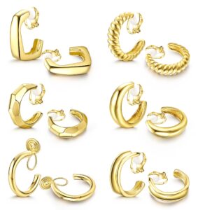 ubgicig 6 pairs gold clip on hoop earrings for women fashion clip on earrings gold chunky hoop earrings no piercing fake earrings set (gold tone)