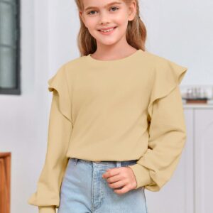 Zwurew Long Sleeve Girls Shirts Crewneck Sweatshirts Ruffle Tops Khaki Spring Clothes Shirts for Girls 9-10 Years