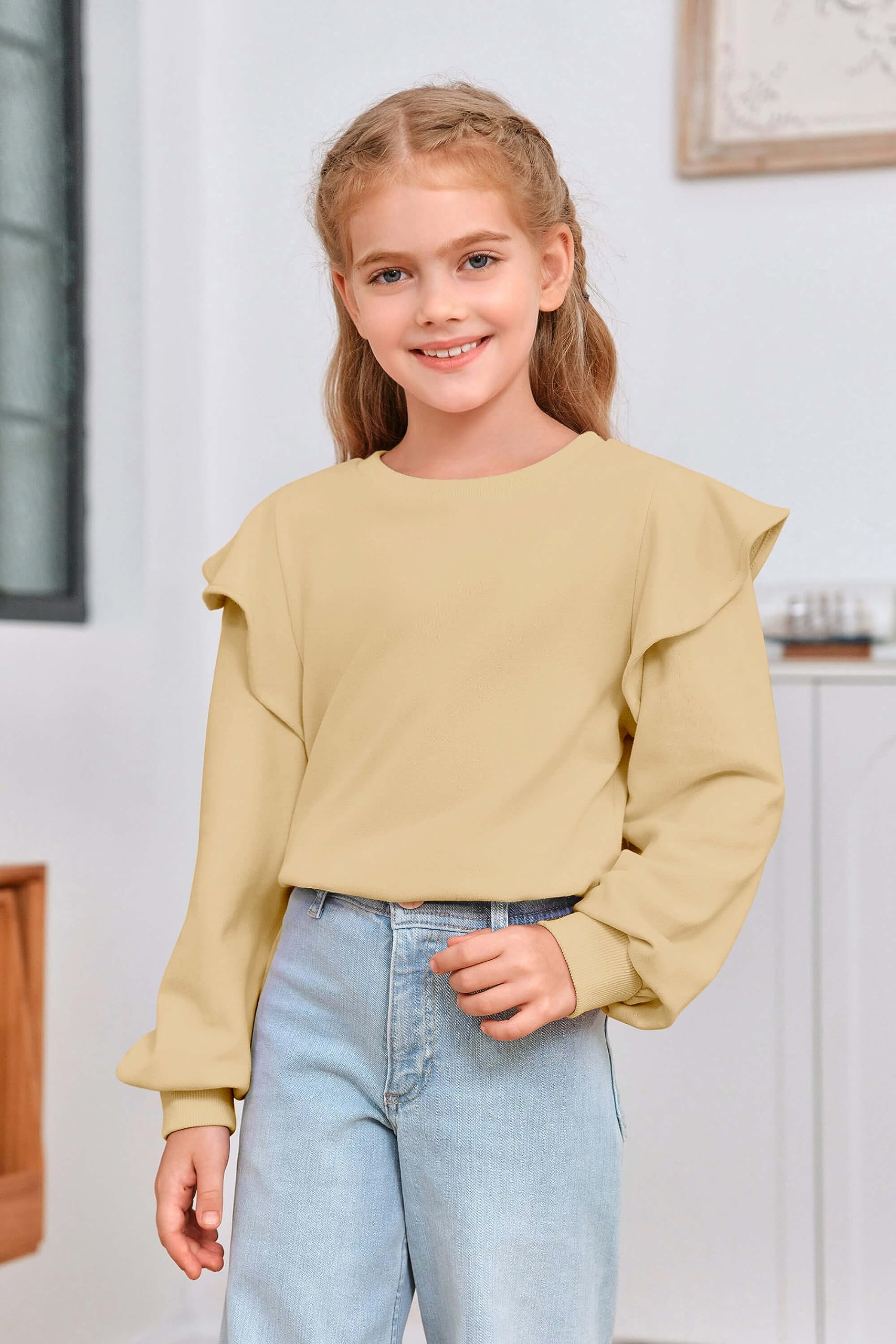 Zwurew Long Sleeve Girls Shirts Crewneck Sweatshirts Ruffle Tops Khaki Spring Clothes Shirts for Girls 9-10 Years