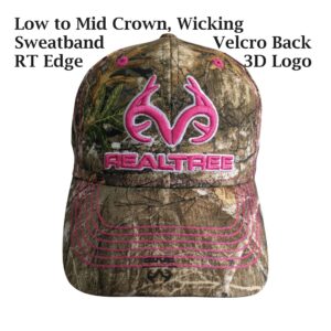 Realtree 3D Pink Antler Logo Hunting Camo Cap Hat Visor, RT Edge, Ladies Fit, Low-Mid Profile Structured, Wicking Sweatband, Vel-cro Back