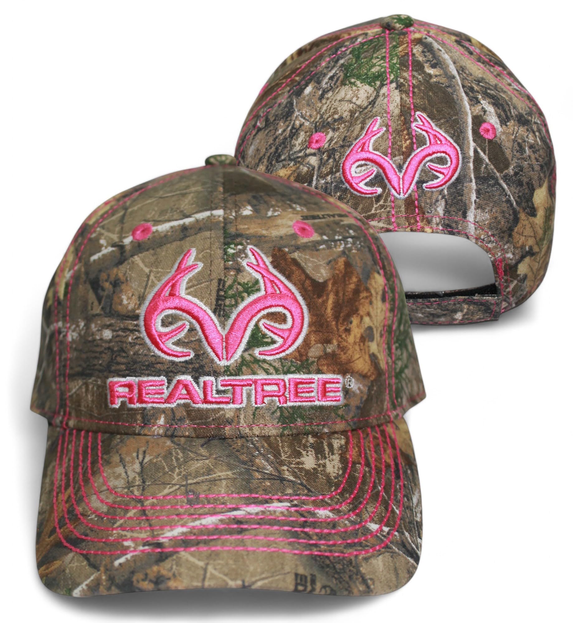 Realtree 3D Pink Antler Logo Hunting Camo Cap Hat Visor, RT Edge, Ladies Fit, Low-Mid Profile Structured, Wicking Sweatband, Vel-cro Back