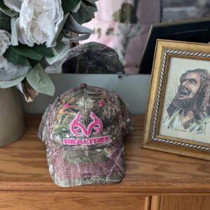 Realtree 3D Pink Antler Logo Hunting Camo Cap Hat Visor, RT Edge, Ladies Fit, Low-Mid Profile Structured, Wicking Sweatband, Vel-cro Back