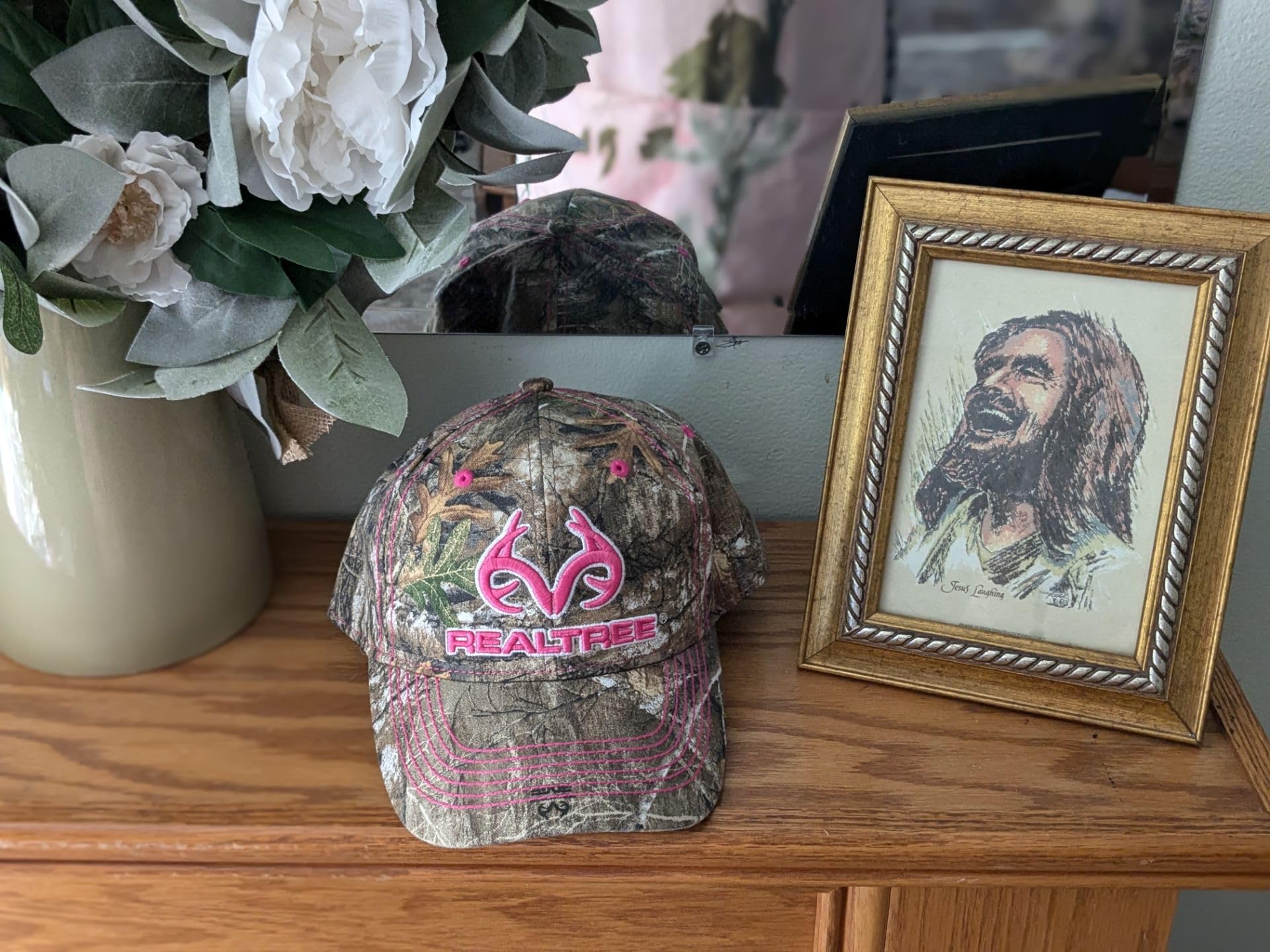 Realtree 3D Pink Antler Logo Hunting Camo Cap Hat Visor, RT Edge, Ladies Fit, Low-Mid Profile Structured, Wicking Sweatband, Vel-cro Back