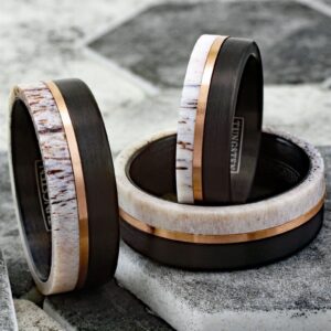 Exquisite 8mm Brushed Finish Black Tungsten Carbide Flat Band Ring with Rose Gold Stripe and Raw Speckled White Deer Antler Inlay. (Tungsten (8mm), 10)