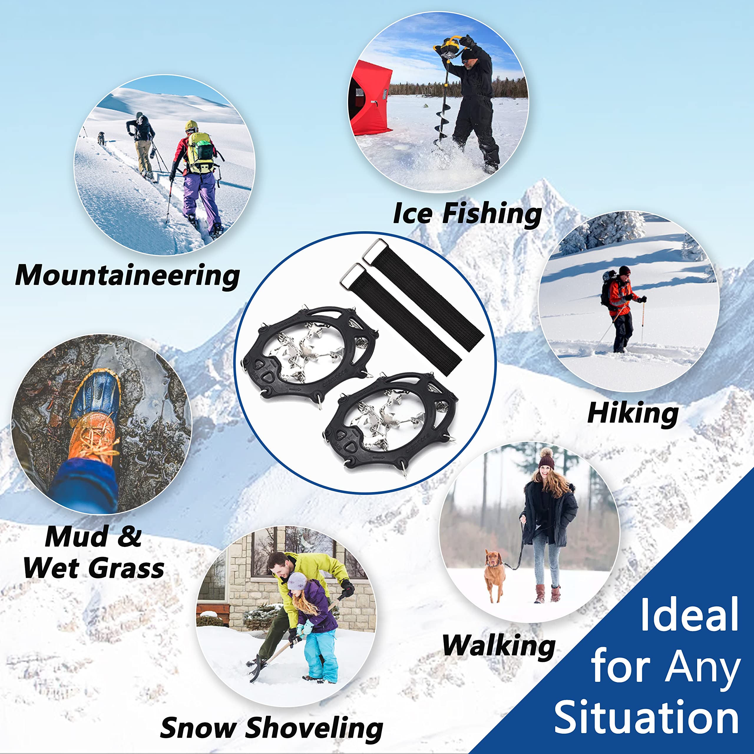 OROOTL Crampons Ice Cleats Snow Traction Grippers with 19 Stainless Steel Studs for Hiking Boots and Shoes Men Women Kids Anti Slip Snow Chains with Straps for Walking Camping Jogging Ice Fishing