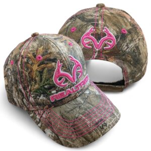 Realtree 3D Pink Antler Logo Hunting Camo Cap Hat Visor, RT Edge, Ladies Fit, Low-Mid Profile Structured, Wicking Sweatband, Vel-cro Back