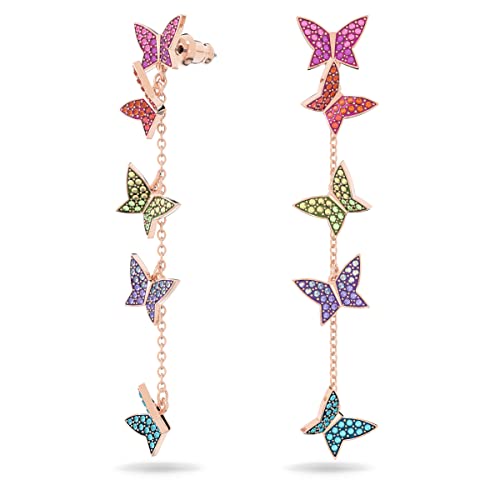 SWAROVSKI Lilia Drop Pierced Earrings with Butterfly Motifs and Pink Rainbow Crystal Pavé, on a Rose Gold-Tone Finish Setting, Part of the Lilia Collection