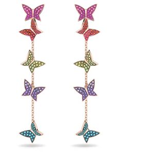 swarovski lilia drop pierced earrings with butterfly motifs and pink rainbow crystal pavé, on a rose gold-tone finish setting, part of the lilia collection