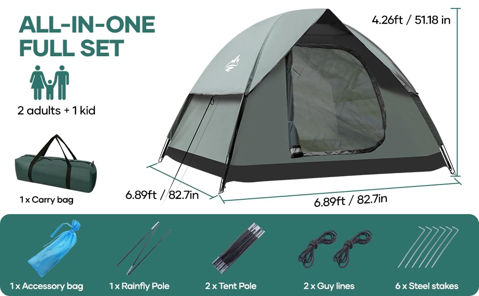 2-3 Person Camping Tent, Tents for Camping with Removable Rainfly, Family Dome Easy Set Up Tent, Lightweight Tent for Camping, Traveling, Hiking, Outdoor