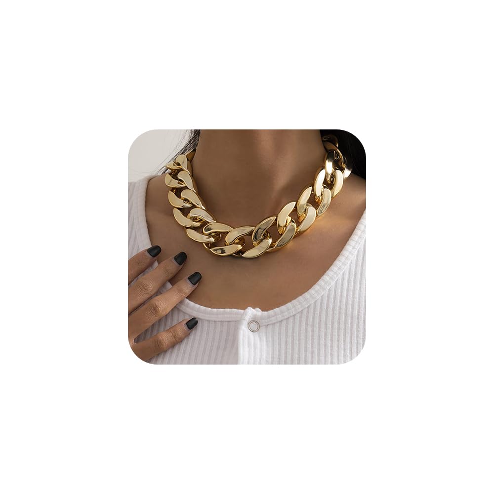 Girlssory Punk Cuban Link Chain Choker Necklace Plastic Chunky Curb Chain Necklace Chic Layered Clavicle Necklace Hiphop Accessories for Women(Gold)