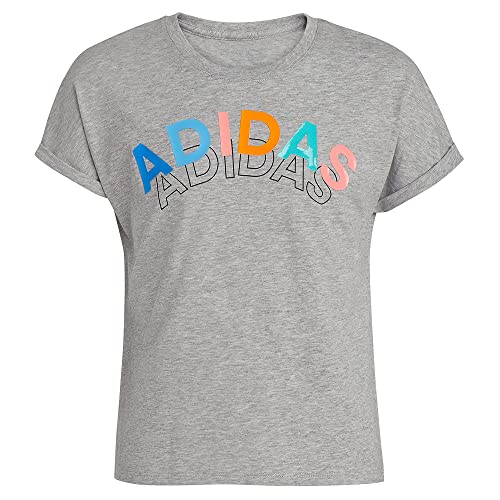 adidas Girls' Big Short Sleeve Dolman Waist Heather Tee, Grey with Multi, X-Large