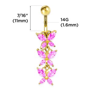 Pierce2GO 3 Butterflies Dangle Belly Button Ring - 14G Anodized Gold Surgical Steel Butterfly Belly Button Ring with Cubic Zirconia Stones - Belly Button Rings Piercing for Women – 7/16” (Gold, Pink)