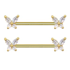 Pierce2GO Pair of Anodized Gold 316L 14G Butterfly Nipple Rings with CZ Stones Piercing Women - 9/16" Barbell