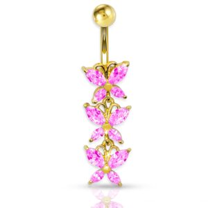 pierce2go 3 butterflies dangle belly button ring - 14g anodized gold surgical steel butterfly belly button ring with cubic zirconia stones - belly button rings piercing for women – 7/16” (gold, pink)