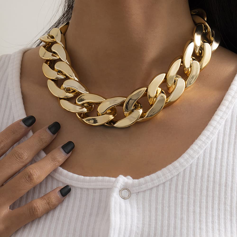 Girlssory Punk Cuban Link Chain Choker Necklace Plastic Chunky Curb Chain Necklace Chic Layered Clavicle Necklace Hiphop Accessories for Women(Gold)