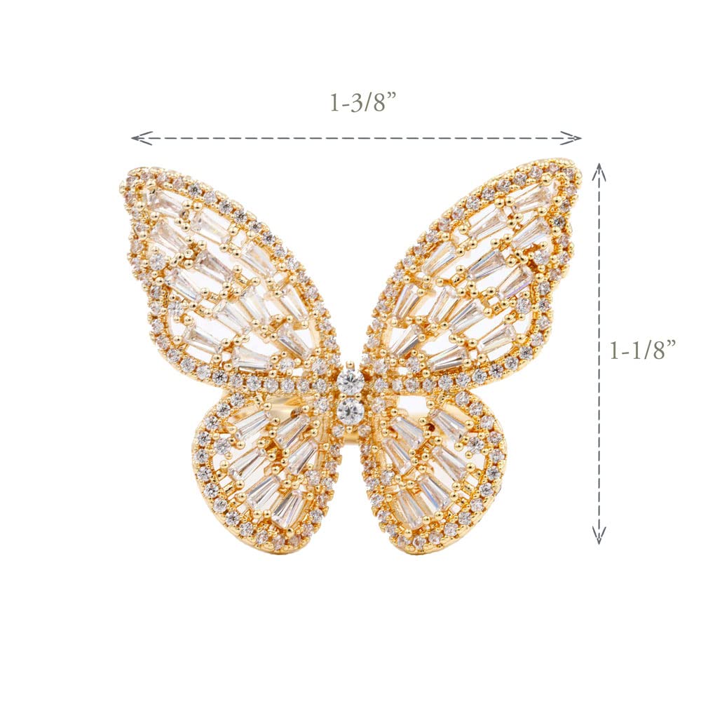 Lavencious Art Cocktail Butterfly Fashion Ring Size Adjustable from 6-8.5 Cubic Zirconia Jewelry for Women (Gold - Clear)