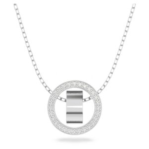 swarovski dextera pendant necklace with double circle motif in rhodium finish metal and white crystal pavé on a rhodium finish chain, part of the dextera collection