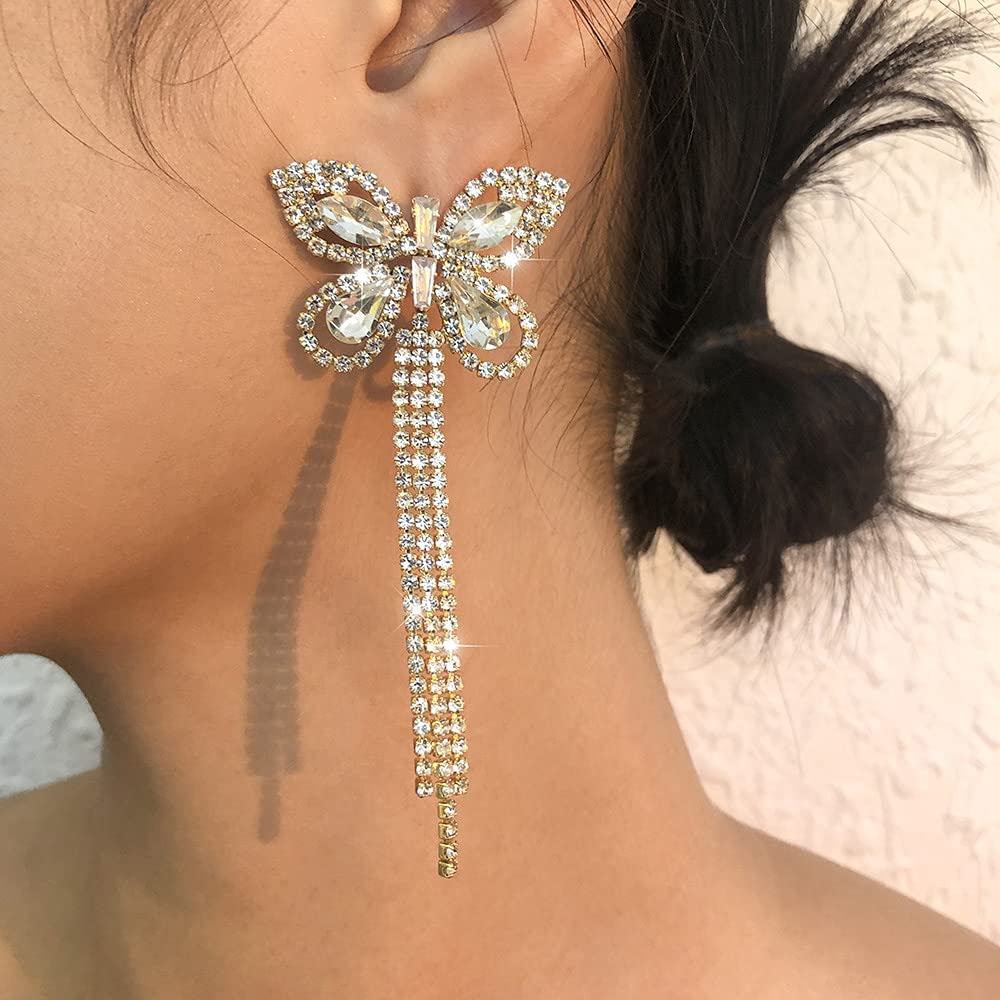 Girlssory Long Bow Tassel Earrings Full Diamond Earrings Butterfly Long Tassels Earrings Fashion Dangle Earrings for Women (Gold A)