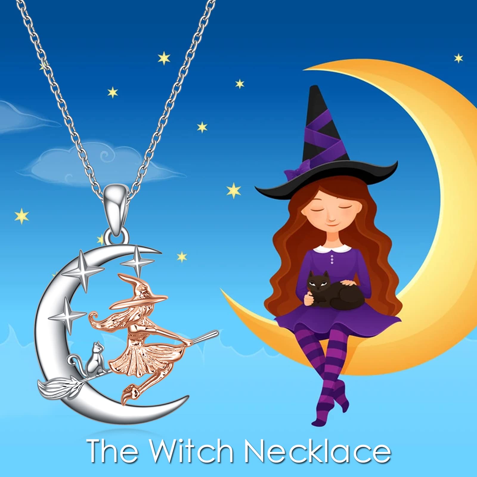 YFN Witch Necklace for Women Sterling Silver Cat Witch Hanging on Broom Witch Jewelry Gifts for Women