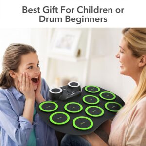 Electronic Drum Set, 9 Drum Pads, Roll up Electric Drum Set with Headphone Jack, Built-in Dual Speaker, Drum Stick, Foot Pedals, Best Gift for Christmas Holiday Birthday