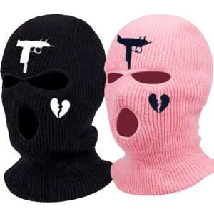 2PCS Ski Cycling Knitted Full Face Cover Winter Balaclava Warm Mask Outdoor Sports for Men Women (Pink & Black)