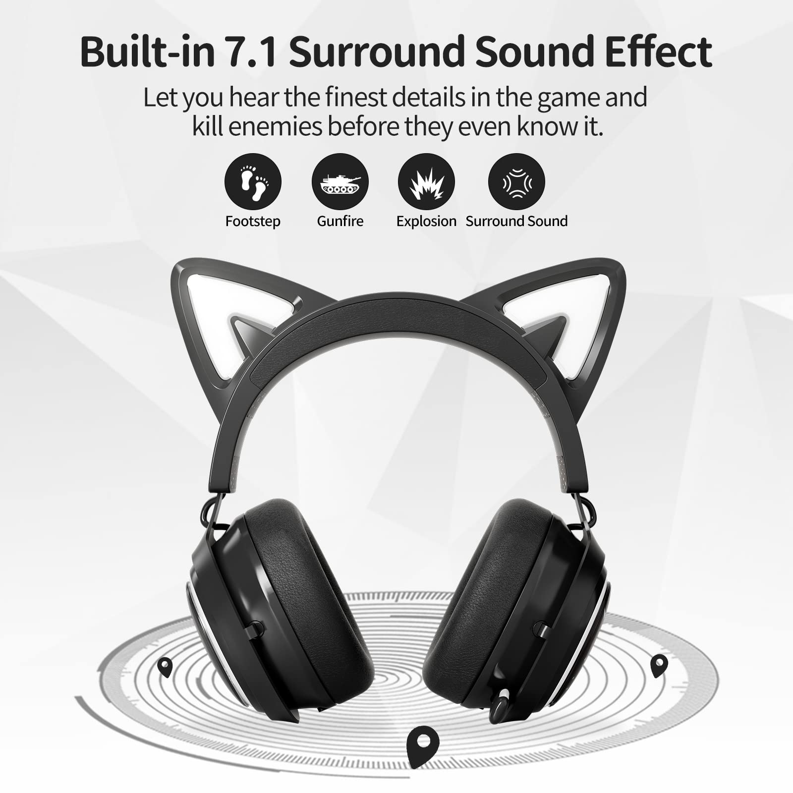 EASARS Cat Ear Headset, USB Gaming Headset with Retractable Mic, 7.1 Surround Sound, RGB Lighting, Wired Headset for PC, PS4, PS5