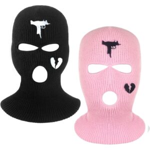 2PCS Ski Cycling Knitted Full Face Cover Winter Balaclava Warm Mask Outdoor Sports for Men Women (Pink & Black)