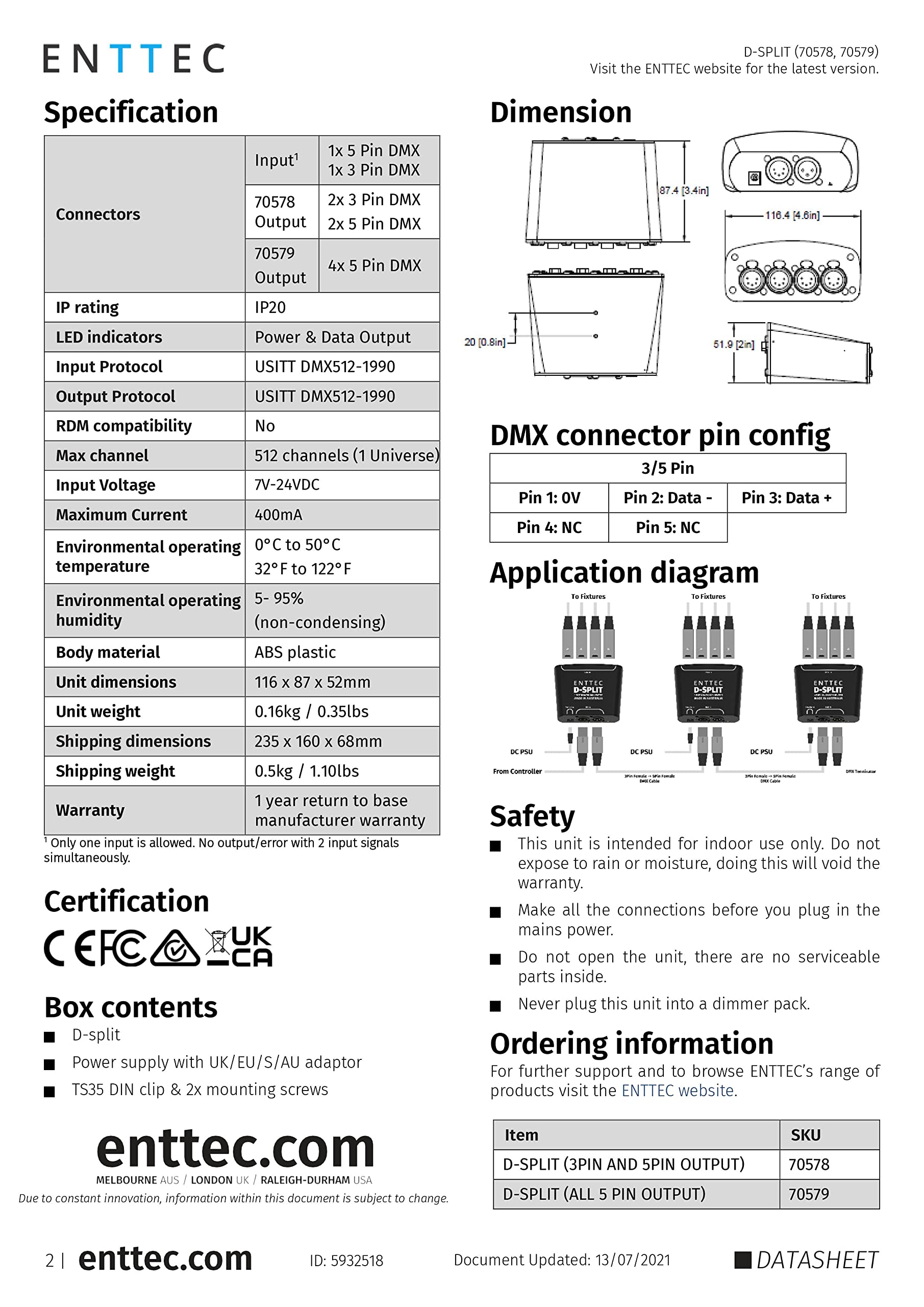 Enttec D-Split 70579 DMX 4 Port Isolated Splitter / Isolator (5-Pin)