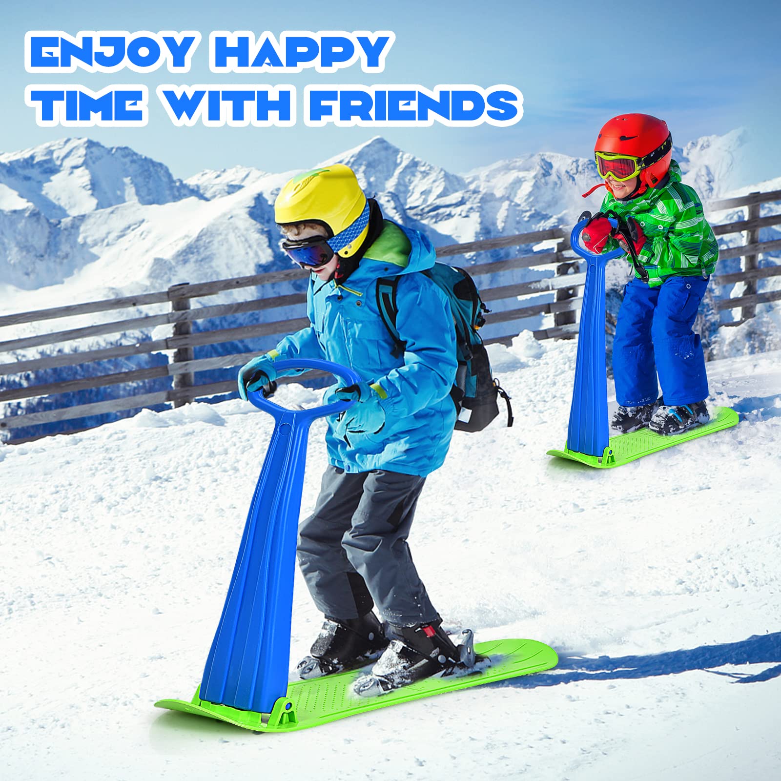 GYMAX Snow Scooter, Fold-Up Snowboard Kick Scooter W/Grip Handle, Cold Resistance Anti-Slip Winter Toy for Use on Snow, Grass, Sand for Age 5+ (Green)