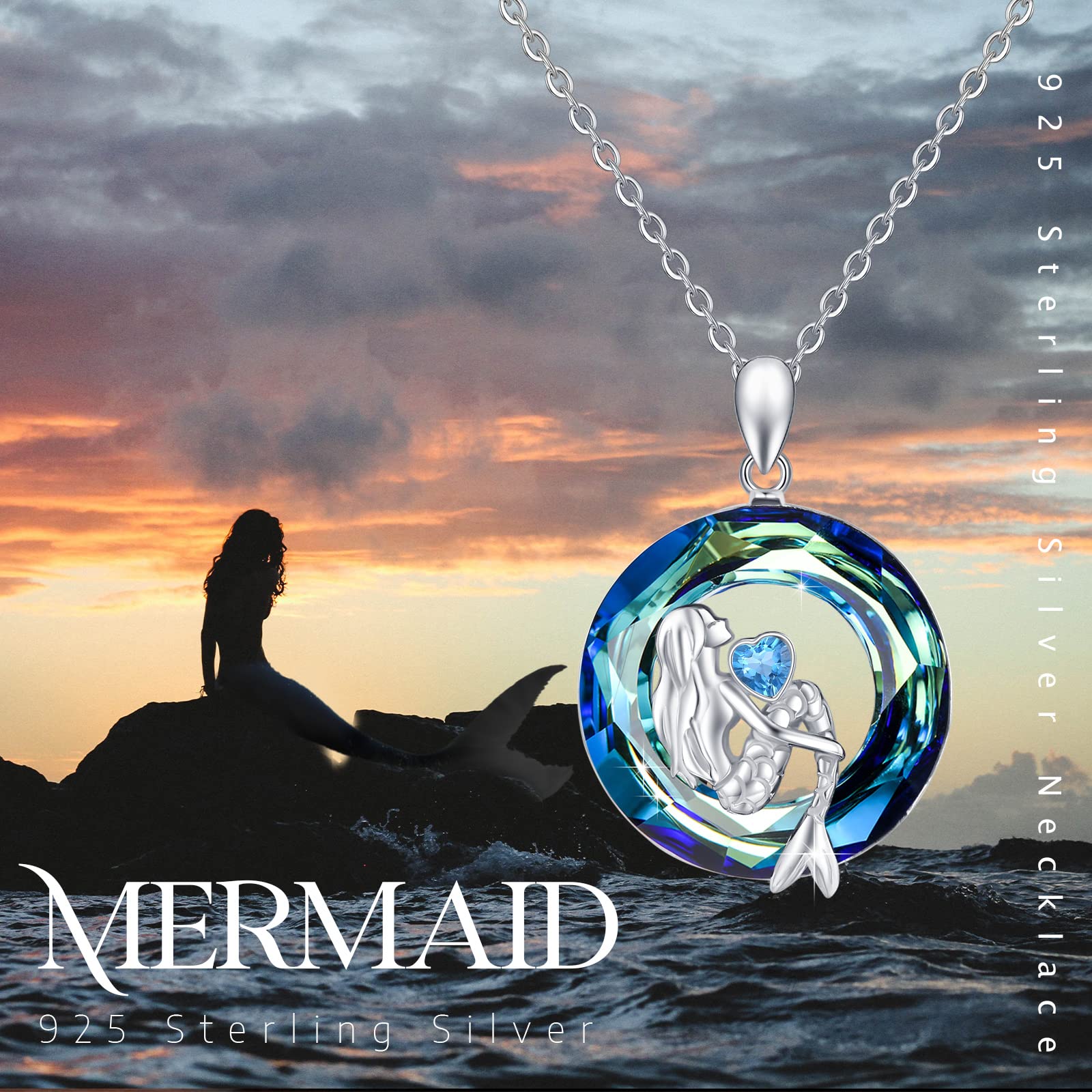 AOVEAO Crystal Mermaid Necklace 925 Sterling Silver Mermaid Ocean Circle Crystal Necklaces Mermaid Jewelry Gifts (Heart Mermaid Necklace)