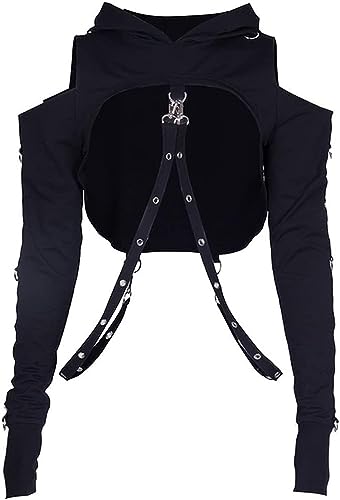 Goth Crop Top Hoodies For Women Hoodie Aesthetic Punk Black Sweatshirt Rave Outfit Emo Teen Girls Long Sleeve Workout