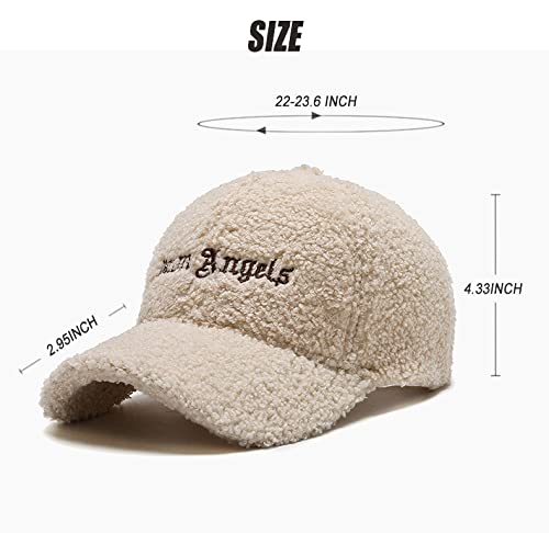 Lamb-Wool Baseball-Caps Adjustable,Teddy-Fleece Baseball Hat,Winter Hat Ponytail Hole for Women Men Outdoor Travel (Beige)