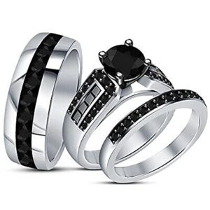 pritvi jewels 2ct round cut black diamond in 925 sterling silver 14k white gold over diamond trio engagement wedding ring set for him & her