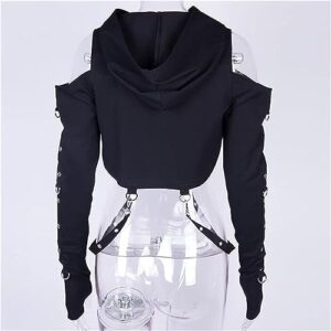 Goth Crop Top Hoodies For Women Hoodie Aesthetic Punk Black Sweatshirt Rave Outfit Emo Teen Girls Long Sleeve Workout