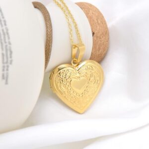 Paialco Stainless Steel Heart Shaped Locket Pendant Necklace, Royal Flowers, Yellow Gold Tone