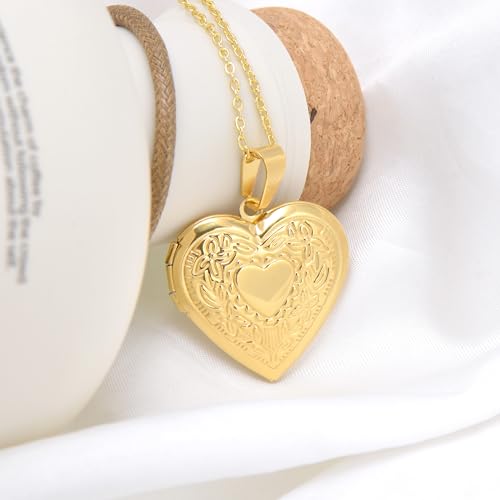 Paialco Stainless Steel Heart Shaped Locket Pendant Necklace, Royal Flowers, Yellow Gold Tone