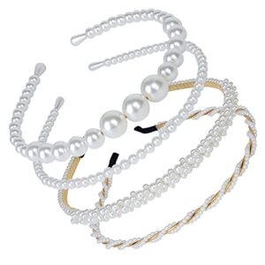 BEAYFILY 4 Pack Pearls Fashion Headbands,White Artificial Pearl Rhinestones Hairbands,Bridal Hair Hoop Party Wedding Hair Accessories for Women Girls