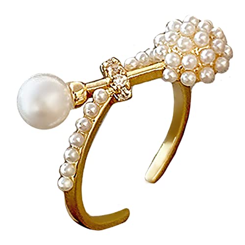 Cute Pearl Statement Ring for Women Girls Gold Plated Faux Pearls Ball Beaded Barbell Expandable Adjustable Open Wrap Rings Comfort Fit Lovely Birthday Christmas Wedding Jewelry