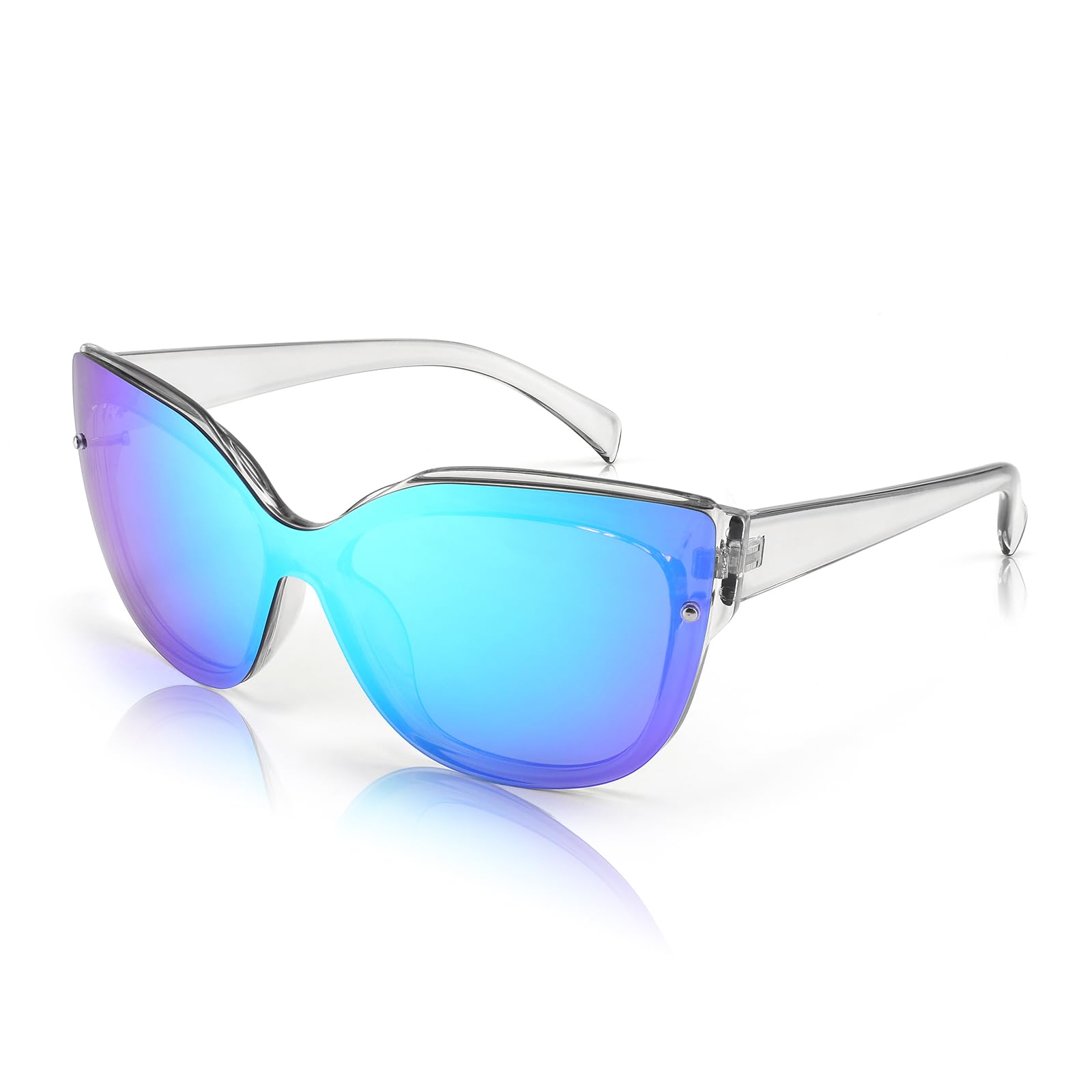 FEISEDY Cat Eye Sunglasses Polarized for Women Men，Rimless Mirrored Sunglasses, Oversized, Trendy Retro Sun Glasses B2796 Transparent Grey/Blue Mirror