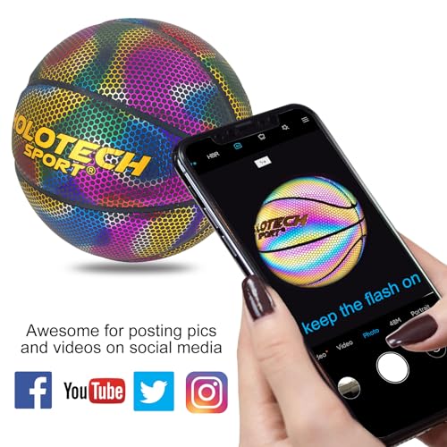 KPASON Basketball, Holographic Reflective Glowing Basketball, Indoor Outdoor Night Basketball Game, Adult & Kids Girls Boys Basketball Gift, Composite Leather Basketballs