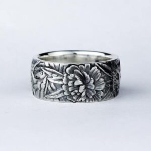 Retro Vintage s925 Silver Ring for Women Men,Engraved Forest Mountain Flower Leaf Zebra Tiger Cat Rings,Realistic Relief Design,All Lifelike, silver, No Gemstone,