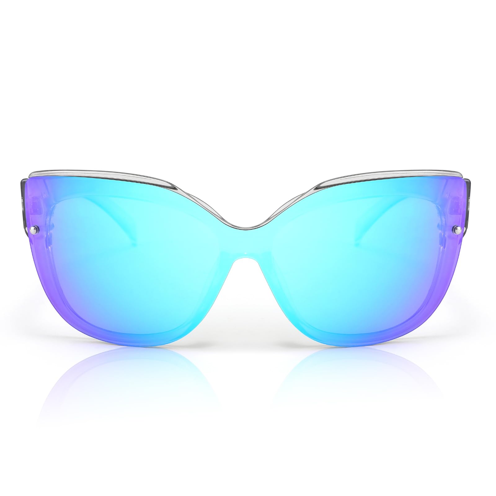 FEISEDY Cat Eye Sunglasses Polarized for Women Men，Rimless Mirrored Sunglasses, Oversized, Trendy Retro Sun Glasses B2796 Transparent Grey/Blue Mirror